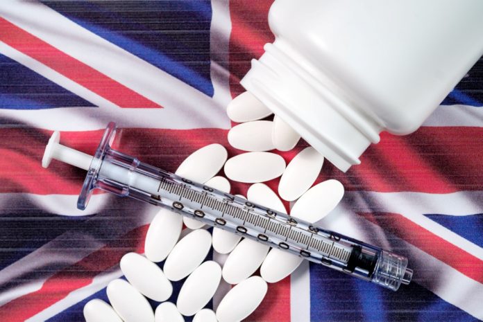 White Prescription Pills On Uk Flag