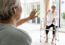 Asian Senior Women Wearing Prevention Mask Talking By Maintain Distancing,protection Infection Of Cold,flu,corona Virus,avoid Covid 19 Pandemic,elderly People With Maintain Social Distance For Safety