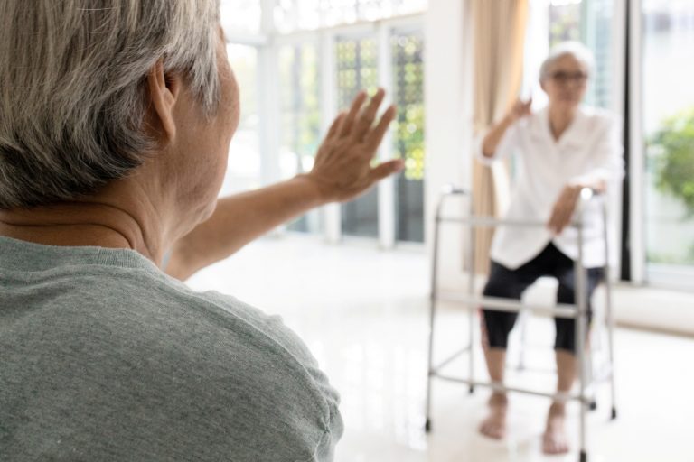 Asian Senior Women Wearing Prevention Mask Talking By Maintain Distancing,protection Infection Of Cold,flu,corona Virus,avoid Covid 19 Pandemic,elderly People With Maintain Social Distance For Safety