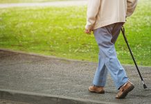 Elderly Old Man With Walking Stick Stand On Footpath Sidewalk Cr