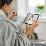 Woman who has fever is having telemedicine consultation with online doctor on tablet