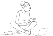 Als afbeelding: een lijntekening van een meisje met staart zittend op de grond achter haar laptop