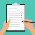 Flat design illustration of a man or woman’s hand holding a pencil and filling out a to-do list. White paper on green background – vector