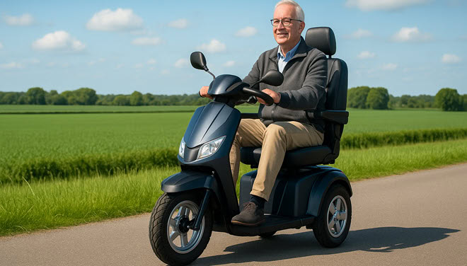 Vaste scootmobiel met grotere actieradius rijdend op een rustige weg in het buitengebied
