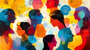 Abstract group psychology symbols unravel complexities of social dynamics and interpersonal relationships mapping collective behavior and the subtle nuances of human connection