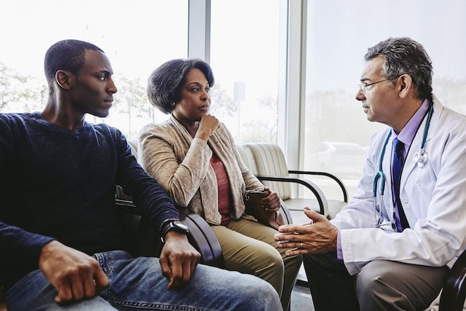 Doctor and patient with family member