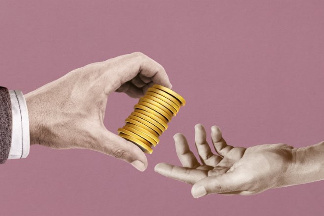 Businessman gives money to another man. Income, trade, investment loans, wealth and poverty.abstract art collage on pink paper.